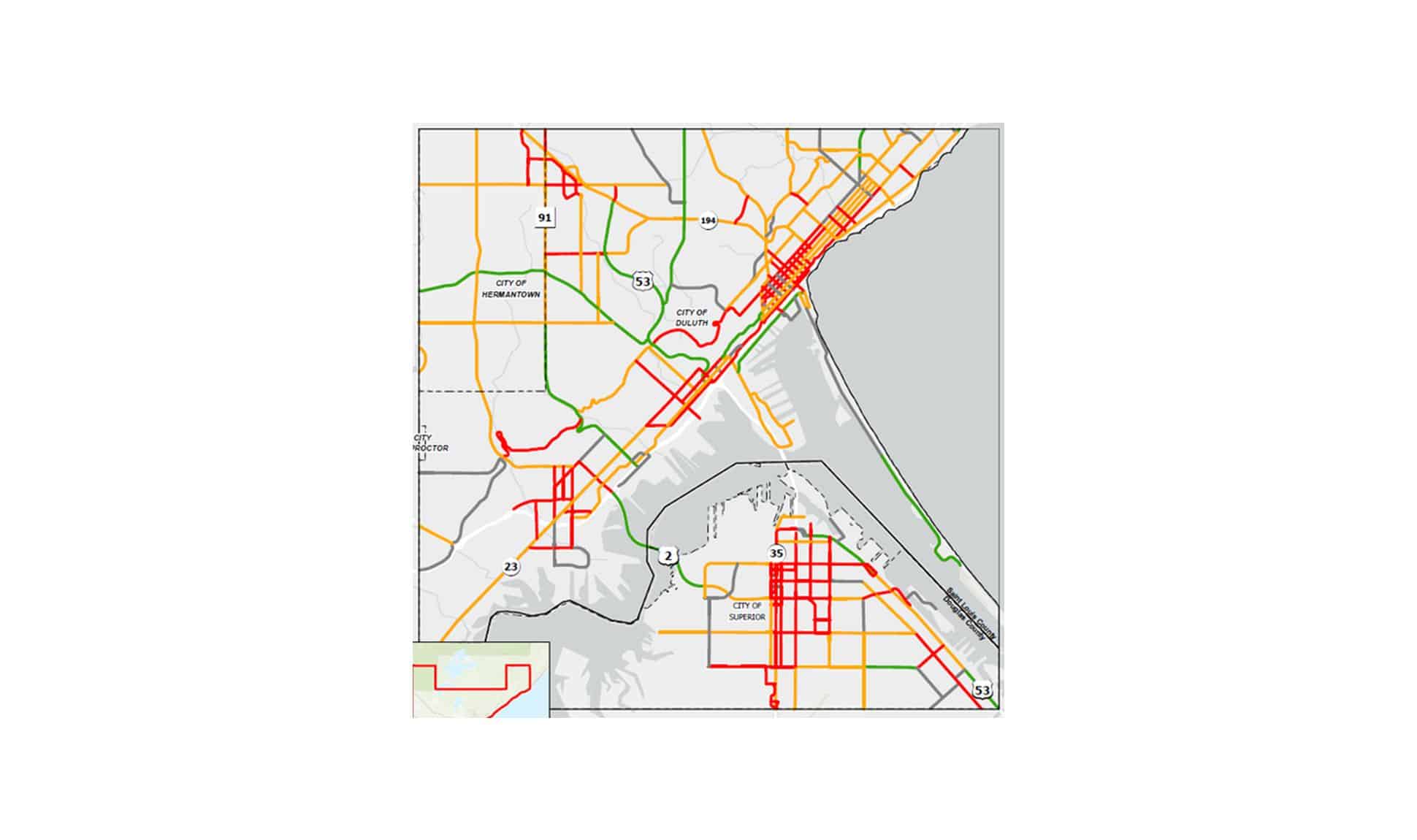Heat Map of the Duluth-Superior Area showing roadways with the highest concentration of crashes resulting in fatalities or serious injuries. Its source is the Duluth-Superior Safety Action Plan.
